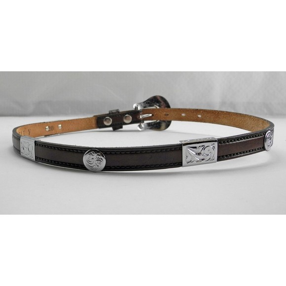 Circle Y Brown Leather Belt Engraved Silver Tone Conchos & Buckle - Size 28 - Picture 8 of 9